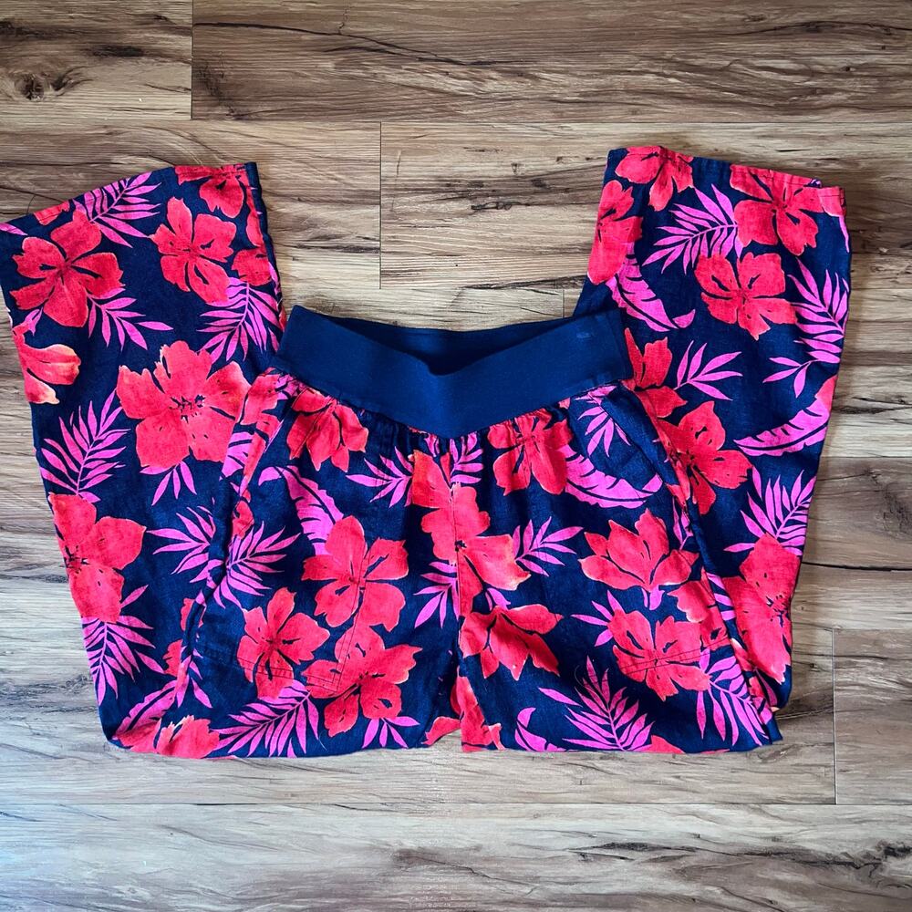 Lands’ End Floral Jogger Pants Women’s Size 2 – Navy Red Hibiscus Print Knit